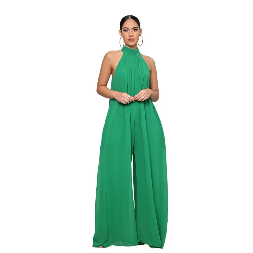 2026 New Women's Solid Chiffion Loose Halter Jumpsuits Sexy Backless Wide Leg Pants Rompers Fashion Party Elegant Women Clothing