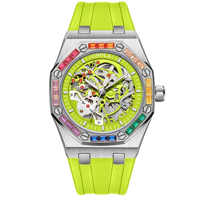 ONOLA 3834 Luxury Diamond Set Design Men's Automatic Mechanical Watch Fashion Hollow Sports Silicone Strap Watches for Man