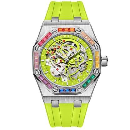 ONOLA 3834 Luxury Diamond Set Design Men's Automatic Mechanical Watch Fashion Hollow Sports Silicone Strap Watches for Man