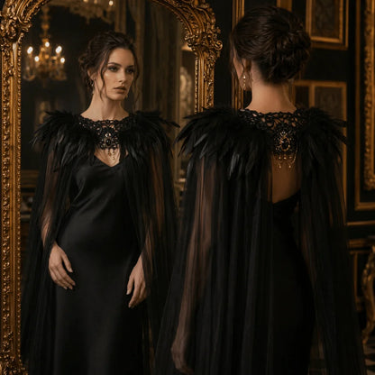 Black Halloween Feather Cloak Elegant Mesh Fringe Hollow Lace Mesh Cape Fur Collar Flowing Festival Costume Cape Gothic Carnival