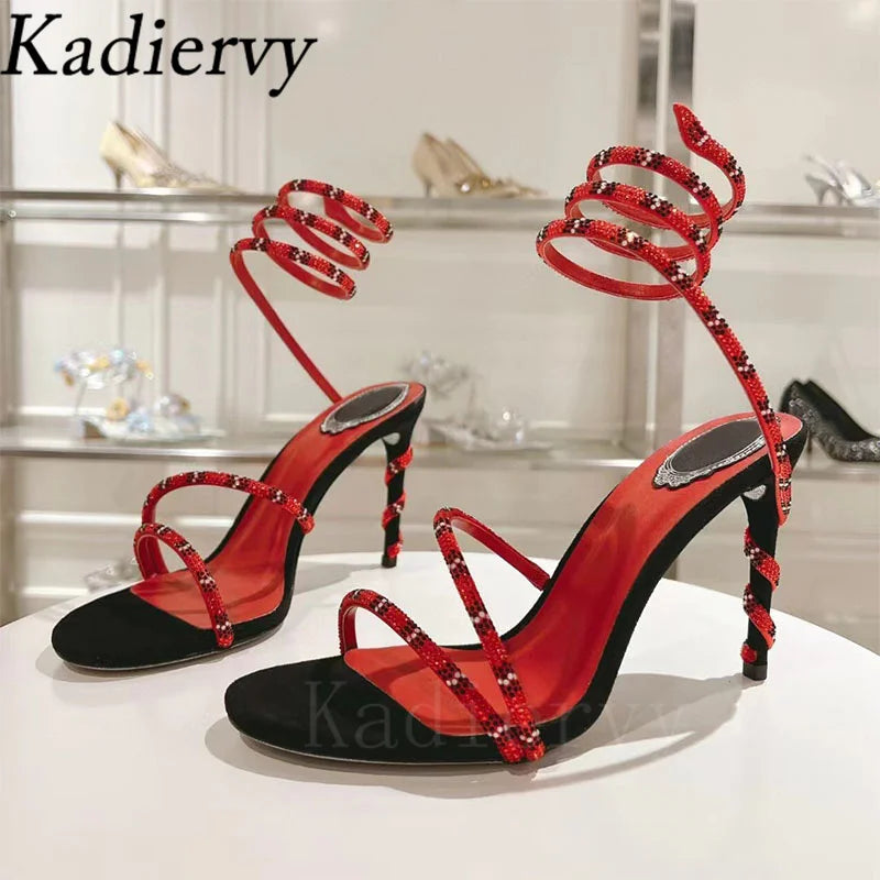 Luxury High Heels Sandals Woman Rhinestone Snake Twine Around Ankle Strap Wedding Shoes Stiletto Summer Gladiator Sandals Women