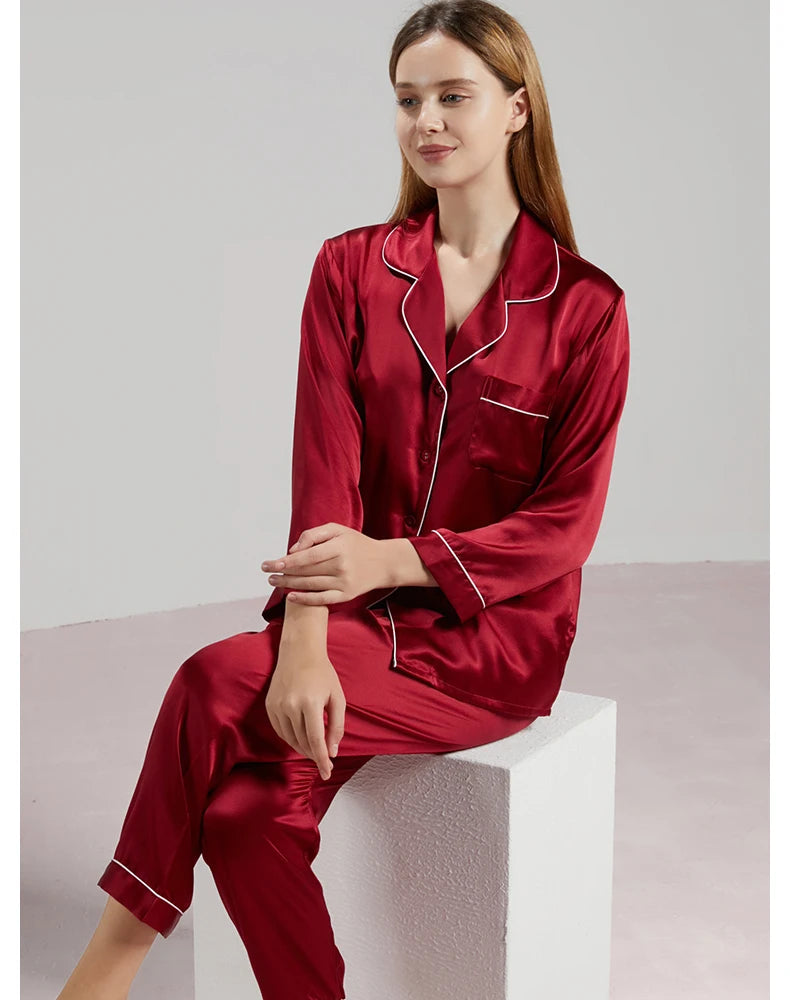 19MM 100% Mulberry Silk Pajamas Women Silk Sleepwear Lady Long-sleeved TrousersTwo-piece Spring Summer  Loose Sexy Home Clothes