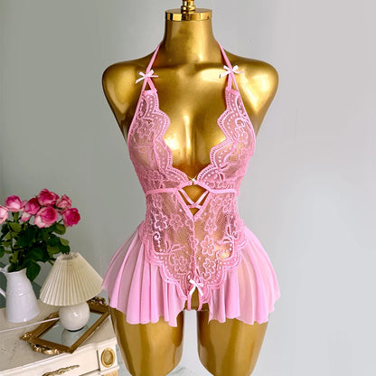 Sexy Crotchless Lingerie Women Lace Hollow Bodysuit Pajamas Teddy Babydolls Deep V Underwear