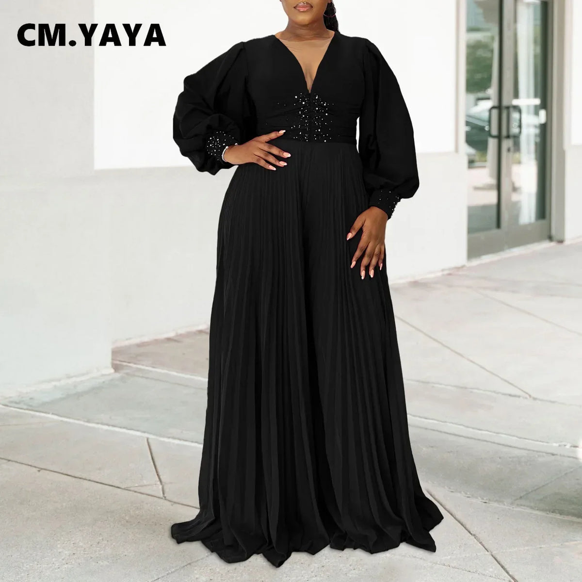 CM.YAYA Women Diamonds Long Sleeve Pleated V-neck Wide Leg Long Jumpsuits Party Beach Fashion Street Sexy Africa Outfit Rompers