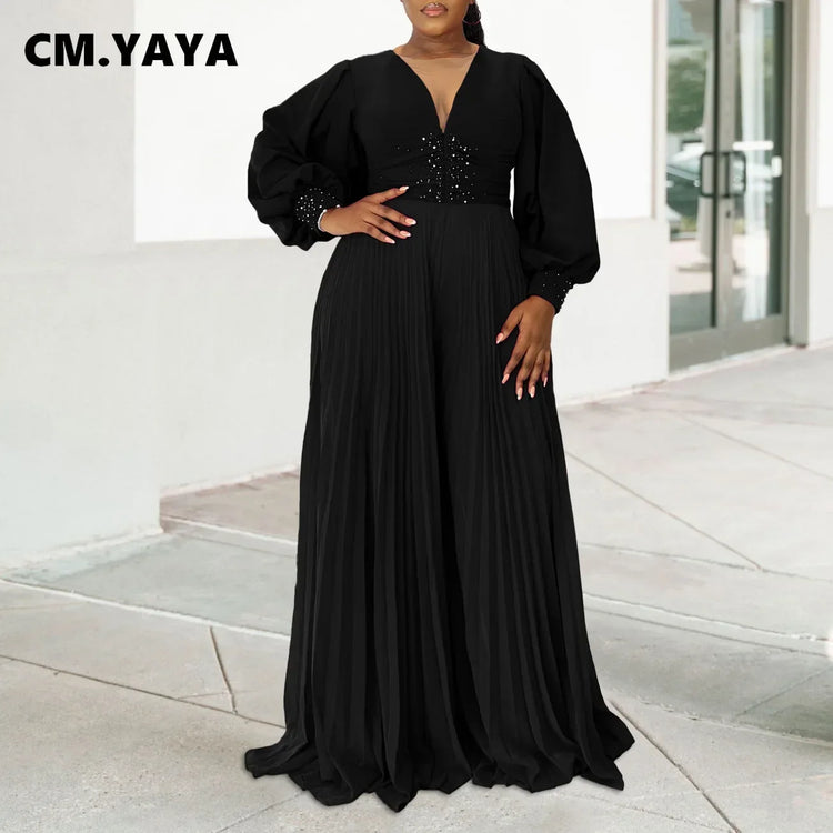 CM.YAYA Women Diamonds Long Sleeve Pleated V-neck Wide Leg Long Jumpsuits Party Beach Fashion Street Sexy Africa Outfit Rompers