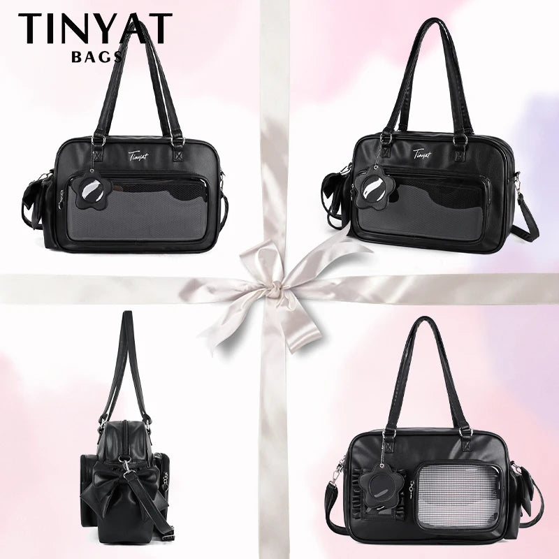 TINYAT PU Y2K Ita Bag Tote Lolita Girl Clear Window Display Message Bag Large Capacity Daily Commuting Handbag for Women School