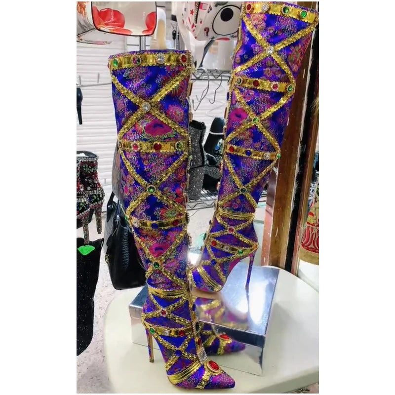 Multicolor Gemstone Gold Trim Stitched Stiletto Thigh Boots 2026 Pointed Toe Knee High Boots Fashion Shoes for Party Wedding