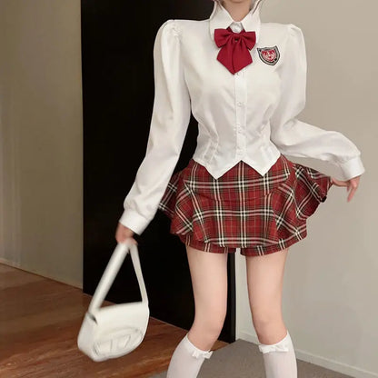 2025 improved cute sexy korea jk suit women autumn jk school uniform women shirt plaid pleated half skirt fashion two-piece set