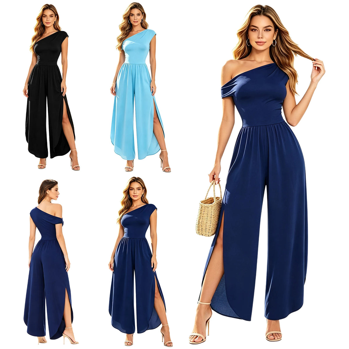 Women Elegant Chiffon Party Jumpsuit Off Shoulder Split Wide Leg Rompers with Pockets for Wedding Formal Party Evening Vacation