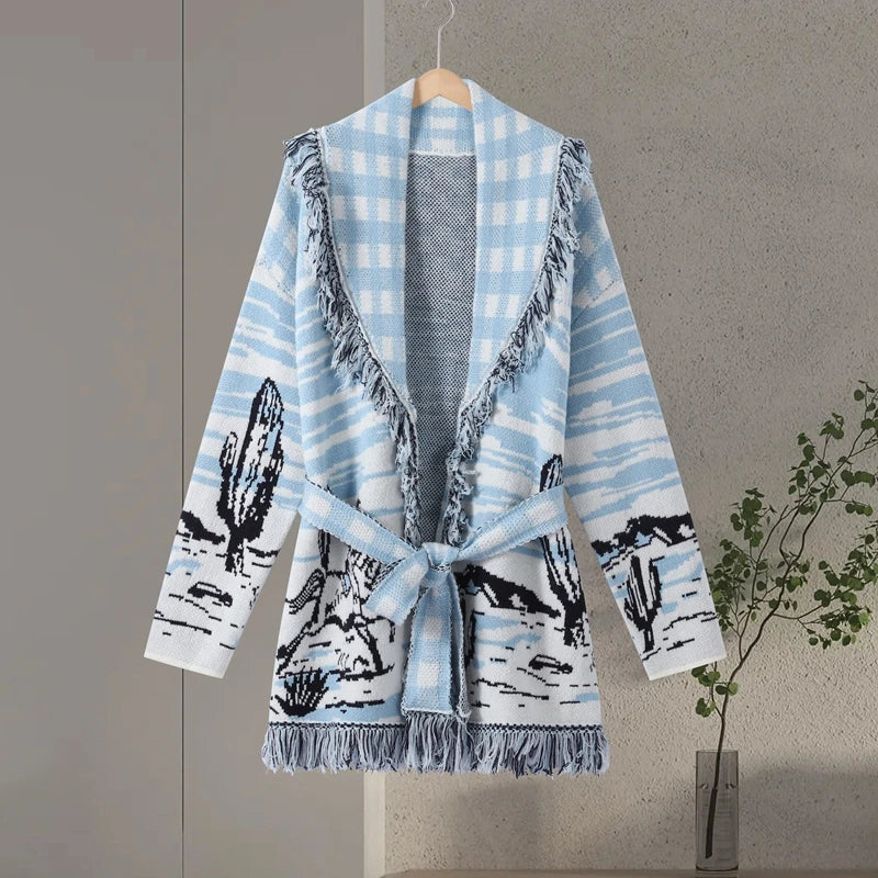 Casual Print Knit Cardigan Women V Neck Long Sleeves Tassels Belts Loose Sweater Female 2026 Autumn Winter Chic Warm Knitwears