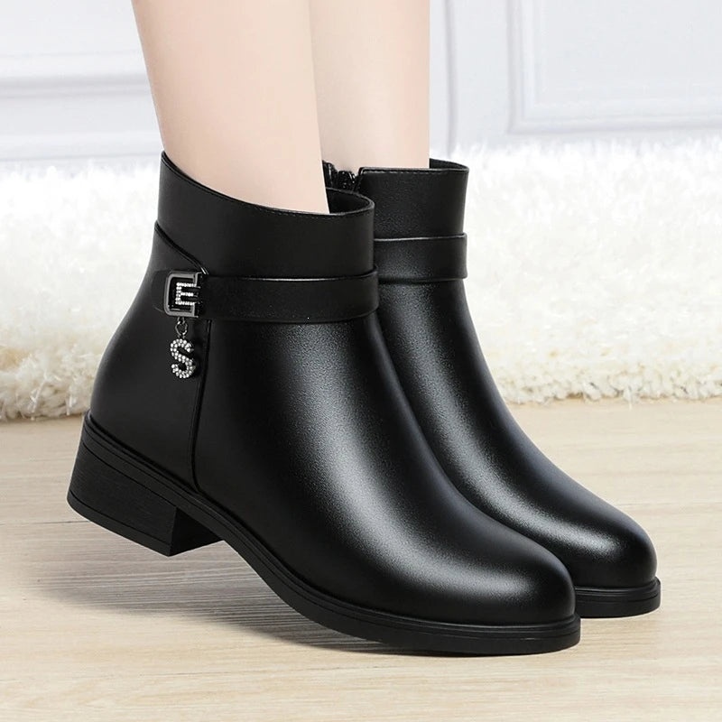 High-Heeled Leather Shoes Spring Single Shoes Thick Heel Thick Sole Slip-On Women's Shoes Square Toe Middle-Aged Mother's Shoes