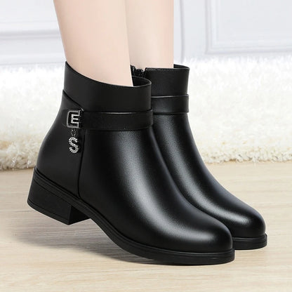 High-Heeled Leather Shoes Spring Single Shoes Thick Heel Thick Sole Slip-On Women's Shoes Square Toe Middle-Aged Mother's Shoes