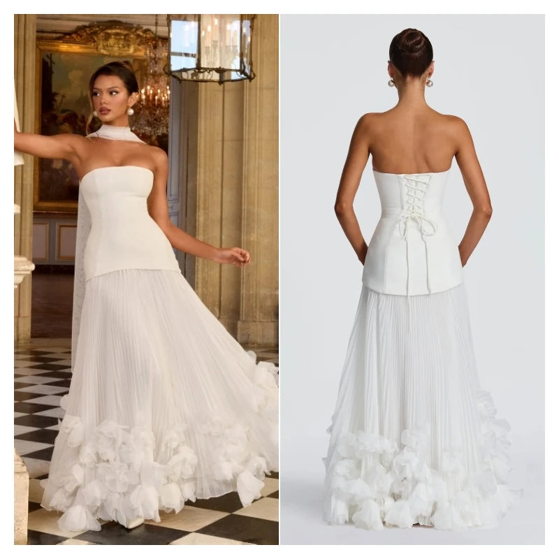 White Strapless Pleated Chiffon A-Line Wedding Dress With 3D Floral Hem Modern Bridal Gown For Women Brides Formal Evening Party