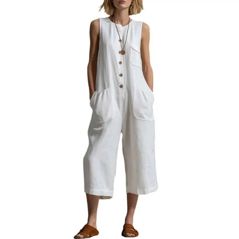 Women Summer Tank Jumpsuit Sleeveless Button Down Cropped Rompers Loose Wide-Leg Overall Pockets Hot Sale