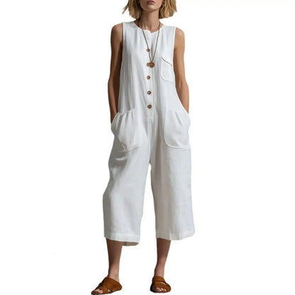 Women Summer Tank Jumpsuit Sleeveless Button Down Cropped Rompers Loose Wide-Leg Overall Pockets Hot Sale