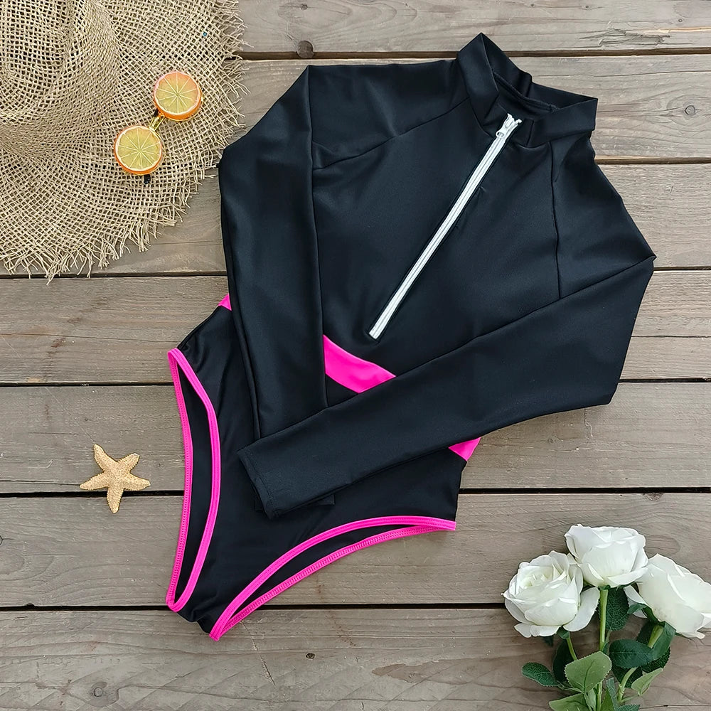 2026 Surfing Sport Swimsuit Long Sleeves Women One Piece Swimsuit  Swimwear Solid Monokini Bathing Suit Tropical Bodysuit Female