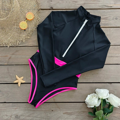 2026 Surfing Sport Swimsuit Long Sleeves Women One Piece Swimsuit  Swimwear Solid Monokini Bathing Suit Tropical Bodysuit Female