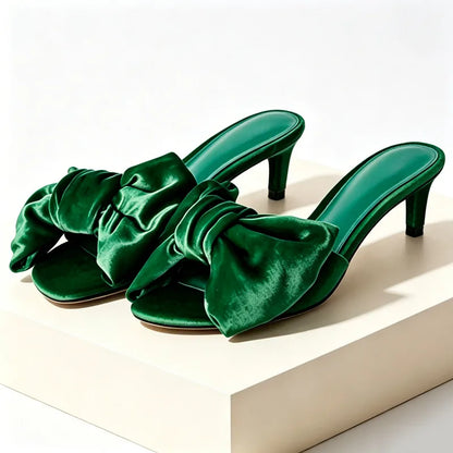 Fashion Satin Bow Detail Mules Sandals Women High-quality Open-Toe Kitten-Heel Slippers for Ladies Luxury Brand Designer Shoes