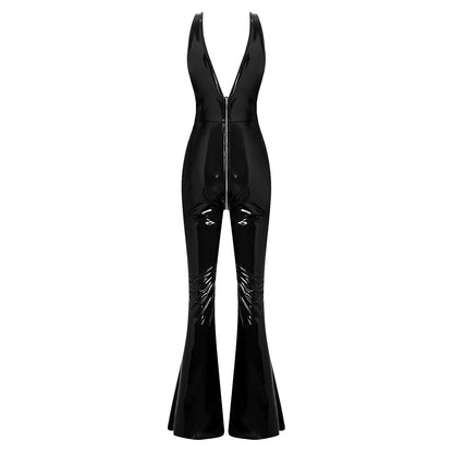 Women Glossy PU Flared Jumpsuit Deep V Neck Double-ended Zipper Split Bell Bottom Sleeveless Unitard Rompers Rave Party Clubwear