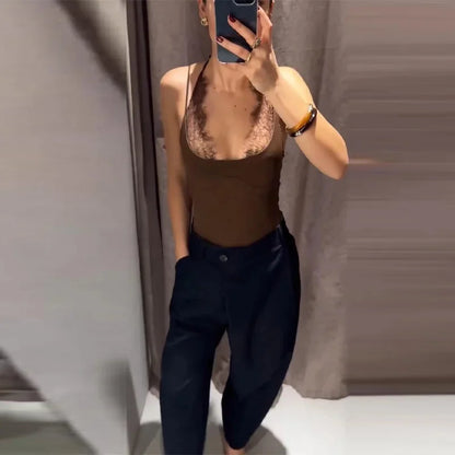 Women's Jumpsuit 2026 Spring New Solid Color Halter Neck Lace Splice Sexy Slim-Fit Romper Personalized Fashion