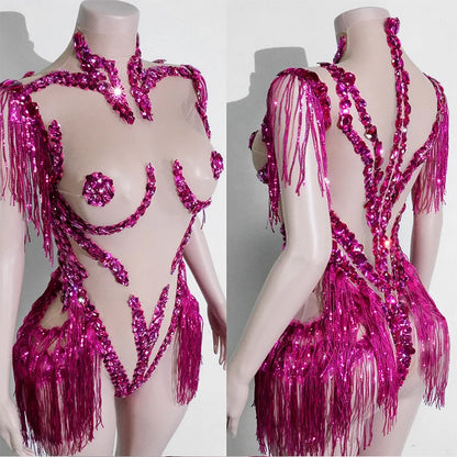 Sexy See-through Glitter Red Crystal Fringe Bodysuit High Elasticity Drag Queen Costume Festivals Outfit NightClub Dance Outfits