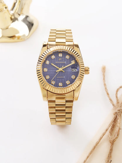 Business Diamond Inlaid Quartz Watch with Calendar Display, Metal Strap, Three-Dimensional Texture Dial, Wear-Resistant Design