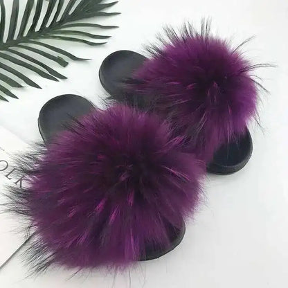 Real Raccoon Fur Slippers For Women 2026 Summer Fluffy Indoor House Fuzzy Flat Slides Outdoor Fashion Beach Sandals Flip Flops