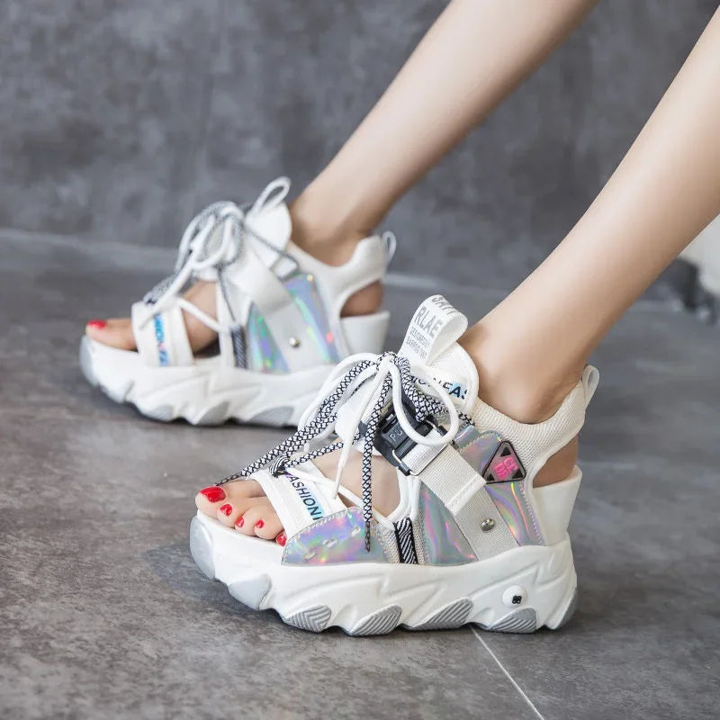 Maogu Mixed Color Shoes Sports Wedge White Sandals Women High Heel Beach Casual Shoe Leisure Lady Platform Chunky Sandals