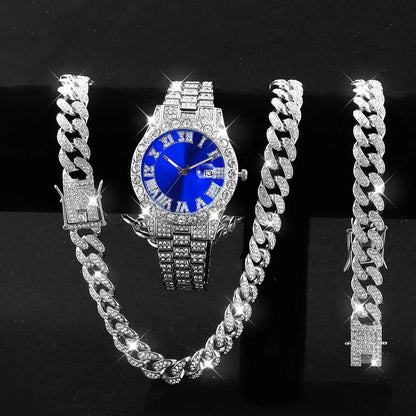 3PCS/Set Luxury Diamond Men's Watches Fashion Roma Dial Stainless Steel Band Quartz Watch Jewelry Set Reloj Hombre（Without Box）