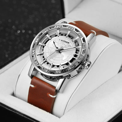 Winner Design World Map Transparent Skeleton Mechanical Watch for Men Fashion Diamond Luminous Luxury Leather Strap Unisex