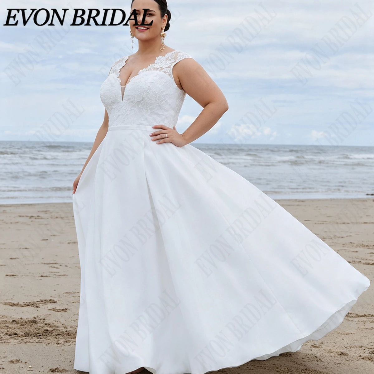 EVON BRIDAL Plus Size Spaghetti Strap Wedding Dress Lace Appliques Satin Bride Dresses Classic A-LINE Bridal Gown Custom Made