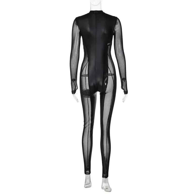 Black Mesh Sheer Bodycon Jumpsuit for Women 2024 Sexy Clubbing Outfits Gothic Punk Black One Piece Techwear C70-EC27