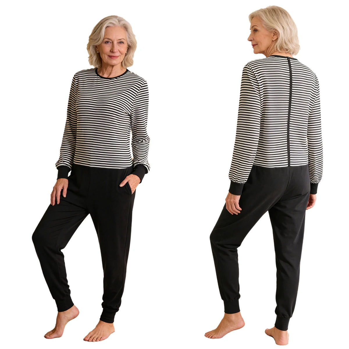 Women Elderly Alzheimer Nursing Jumpsuit Special Need Adaptive Clothing Long Sleeve Back Zipper Anti-strip Stripe Rompers Pajama