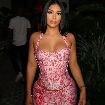 STYLISH LADY Printed Sports 2 Piece Set Women Halter Backless Crop Top and Skinny Pant Suits 2025 Summer Sexy Club Party Outfit