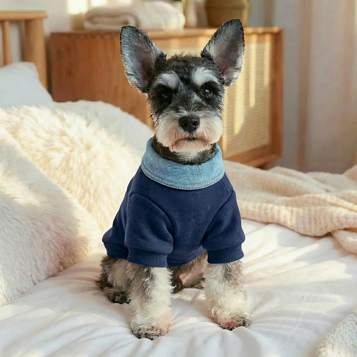 Preppy Bear Pet Sweatshirt, Navy with Denim Collar, Embroidery, D-Ring Included, Pullover Two-Legged Outfit for Small Dogs &Cats