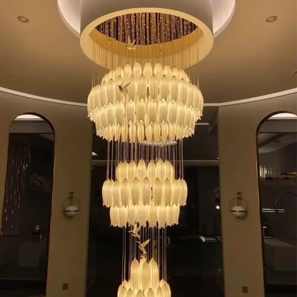 Luxury Crystal Staircase Chandelier for Stairsway Loft Ceramic Flowers Ceiling Chandelier for High Ceiling Villa Hotel Lobby