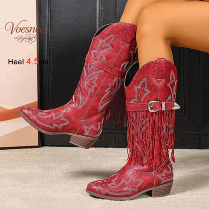 Spring Autumn Red Fringe Women's Mid Calf Boots Block Heels 4.5cm Pointed Toe Embroidery Belt Buckle Western Cowboy Boots Shoes