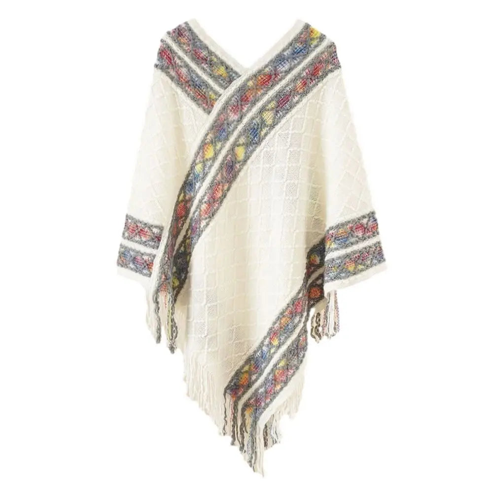 Plush Winter Warm Mongolian Poncho Ethnic Style Imitation Cashmere Rhombic Stripe Tassel Shawl Knitting Wraps Women Fashion