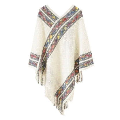 Plush Winter Warm Mongolian Poncho Ethnic Style Imitation Cashmere Rhombic Stripe Tassel Shawl Knitting Wraps Women Fashion