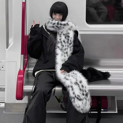 Korean Leopard Print Long Fur Scarfs Winter Y2K Vintage Warm Plush Scarf Fashion Thickened Lengthened Faux Fur Shawl Streetwear
