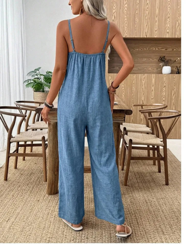 Summer Sleeveless Backless Jumpsuits For Woman 2026 Casual Holiday Solid Color Loose Strap Rompers One Piece Clothing