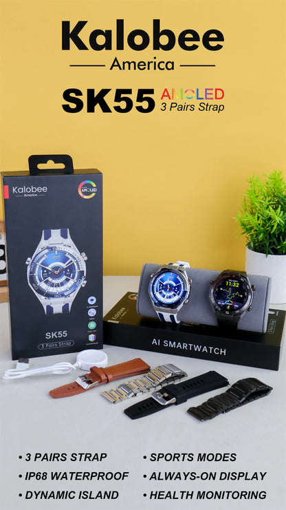 Men Smart Watch Amoled HD Screen Outdoor Sport Tracker Health Monitoring LED Flashlight Bluetooth Call AI Voice SK55 Smartwatch