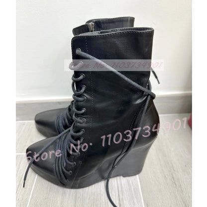 Patchwork Wedge Platform Ankle Boots Women Fashion Round Toe Front Lace Up Shoes Ladies Punk Chic Zipper Suede Cross Tied Boots