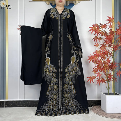 New Style Fashion Dubai Muslim Women Dress Elegant Arabic Femme Hijab Long Sleeve Chiffon Diamond Abaya Islamic Turkey Clothing