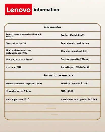 Lenovo Mini Pro 5s Earphones Wireless Bluetooth Earbuds Long-Last Noise Cancellation Headphones Extended Battery Life With Mic