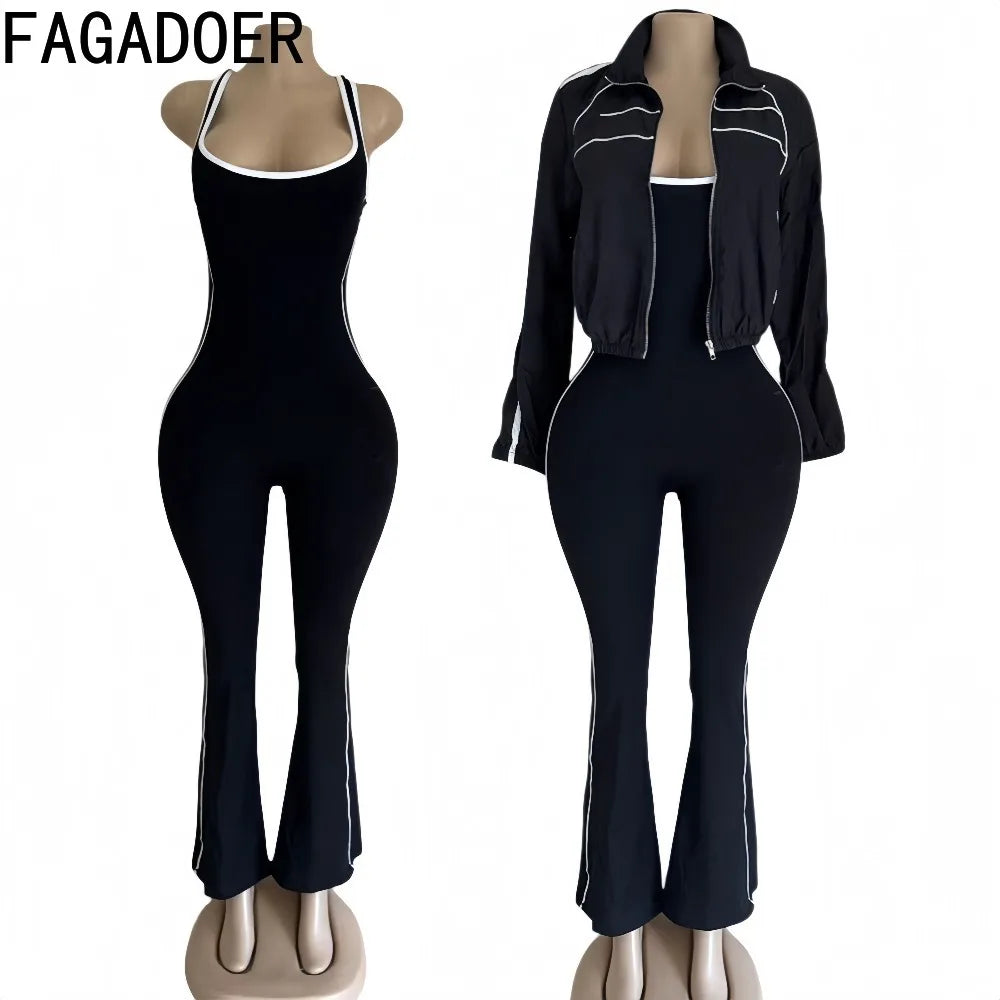 FAGADOER Trendy Women's Clothes Crop Jacket and Backless Jumpsuits 2 Piece Set Casual Workout Joggers Two Piece Outfits Woman