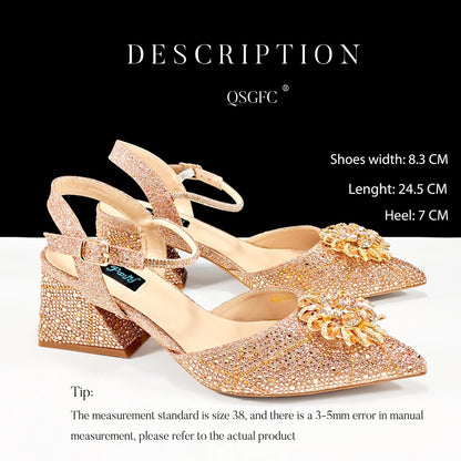 QueenaYan African Ladies Elegant Pointed Toe Shoes with shiny Metal Stand Bag Women Party Shoes or Commuting Shoes and Bag Set