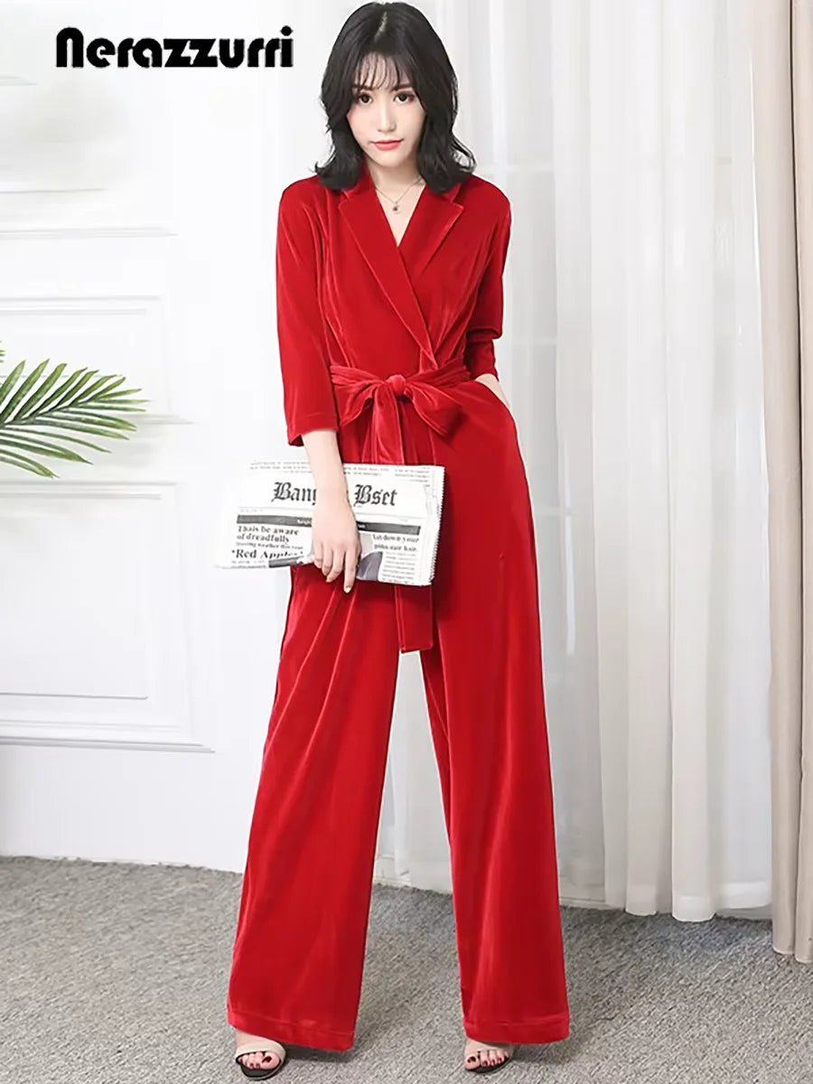 Nerazzurri Spring Autumn Long Soft Flowy Red Velvet Jumpsuit Women with Sleeves Sashes Maxi Black Wide Leg Floor Length Clothes