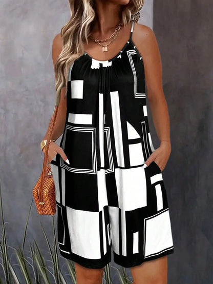 Women's All-Over Print Sleeveless Jumpsuit - Round Neck Strappy Romper, Vacation Beach Outfit, Flowy Summer Short Jumpsuit