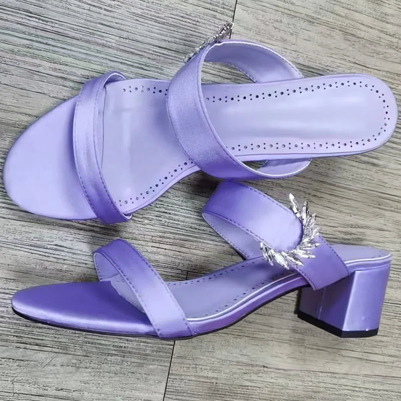 2025 Newest Rhinestone Sandals Woman Open Toe Pink Puple Luxury Satin High Heels Lady Sexy Muller Slippers